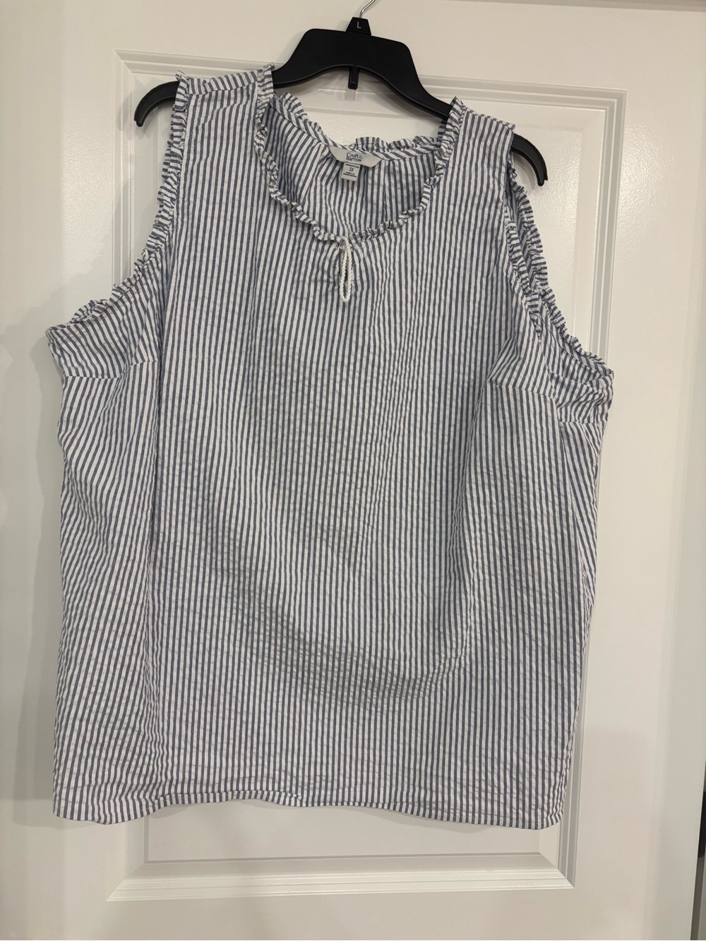croft & barrow Navy and White Striped Ruffl Tank with eyelid opening and tie.
